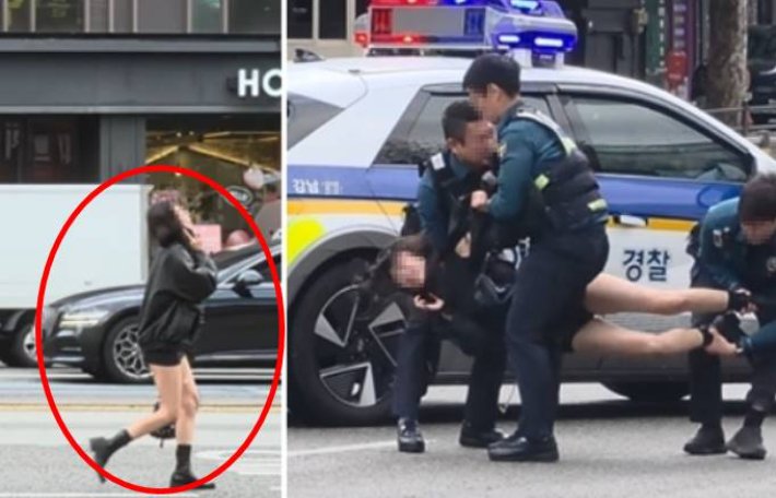 강남대로에서 만취 여성 경찰에 의해 도로 밖으로 이동