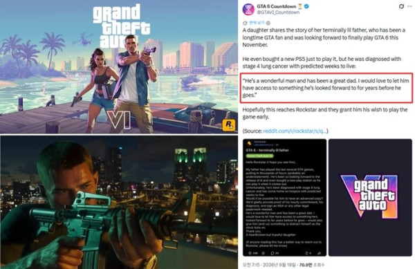 폐암 말기 아버지를 위한 딸의 GTA6 조기 플레이 요청