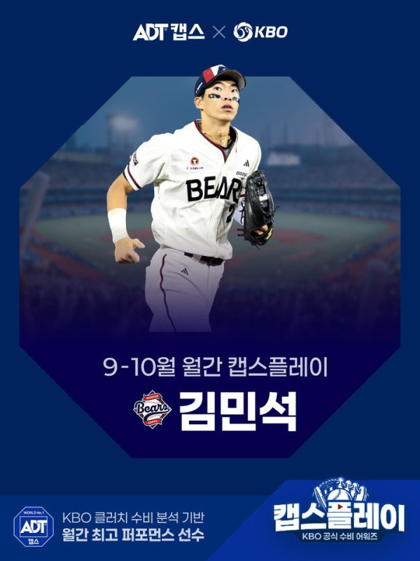 두산 김민석, 9~10월 KBO 월간 캡스플레이 수상